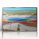 Mid-century modernist art depicting Yellowstone scenery in muted earth tones on a framed acrylic panel.