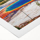 Art deco poster of Yellowstone scenery in earth tones on rolled canvas, suitable for dining room wall art.
