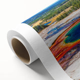 Art deco poster of Yellowstone scenery in pastel shades on rolled canvas, suitable as nursery wall art.