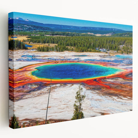 Yellowstone National Park landscape on large stretched canvas, featuring vibrant green and blue tones.