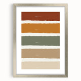 Textured abstract art print in warm autumn hues on a silver-framed canvas, ideal for bedroom art.