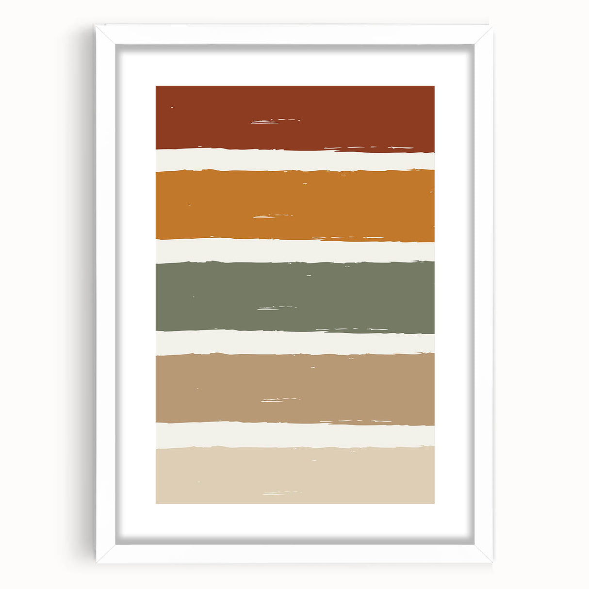 Abstract art print depicting autumnal leaves in orange and red tones on a white framed canvas.