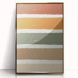 Large art print of a mid-century modernist autumn scene in gold and orange hues, acrylic framed.