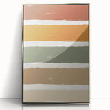 Mid-century modernist art depicting autumn trees in orange and yellow hues on a framed acrylic print.