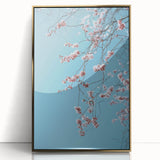 Large art print of a mid-century modernist spring scene in pastel shades on framed acrylic.