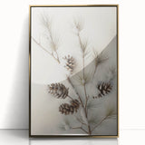 Framed acrylic print of a winter scene in mid-century modernist style, featuring muted blue and white tones.