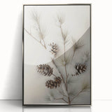 Mid-century modernist art depicting a winter scene in muted blue and silver tones on a framed acrylic.
