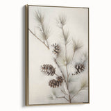 Winter landscape painting on framed canvas, featuring a snowy scene in muted whites and grays, suitable for bedroom decor.