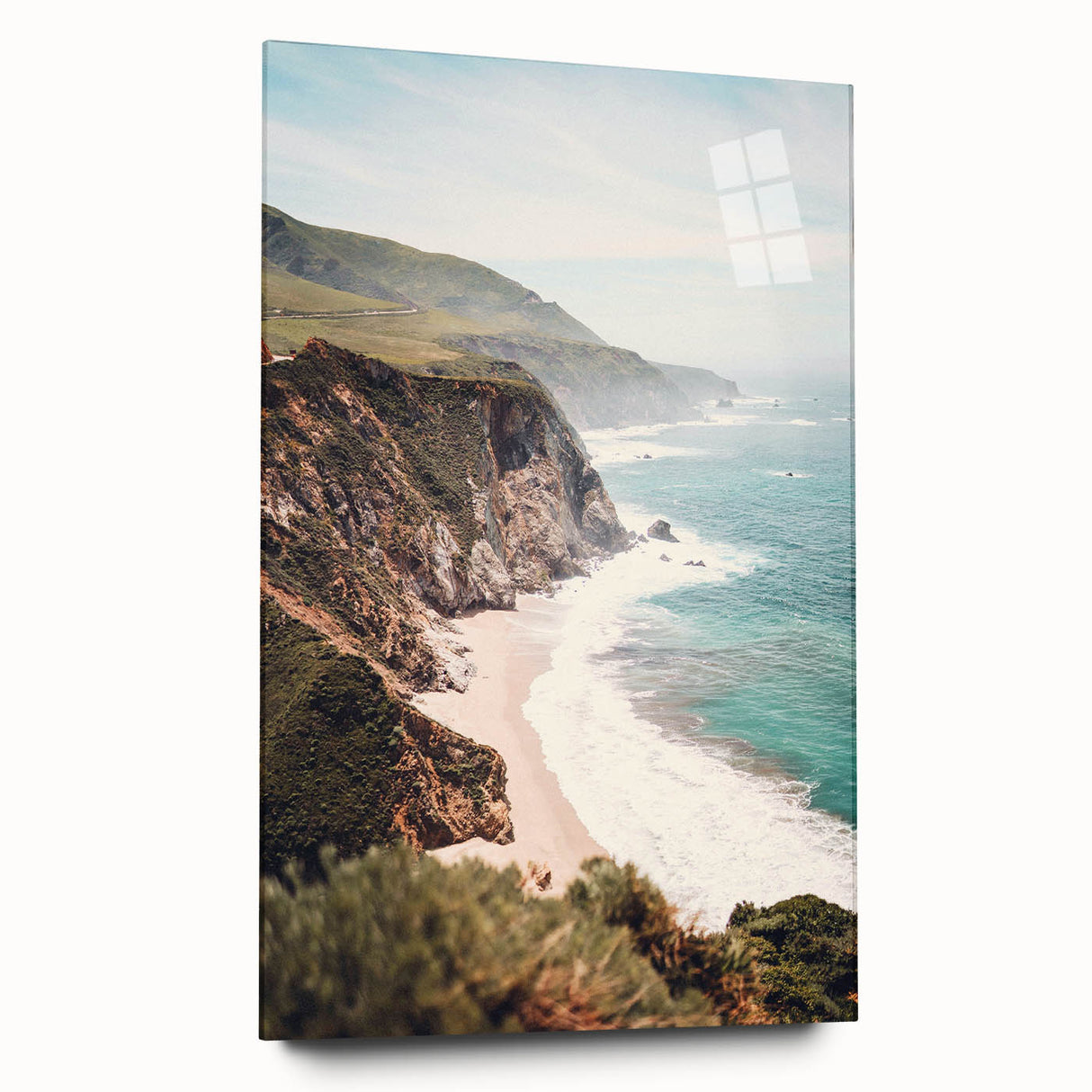 Large abstract wall art on acrylic featuring swirling blue and green hues, ideal for bedroom or dining room decor.