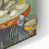 Large abstract wall art on acrylic glass featuring mid-century modernist swirls in vibrant blue and gold tones.