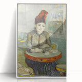 Mid-century modernist art depicting abstract forms in vibrant blues and oranges on a white acrylic framed print.