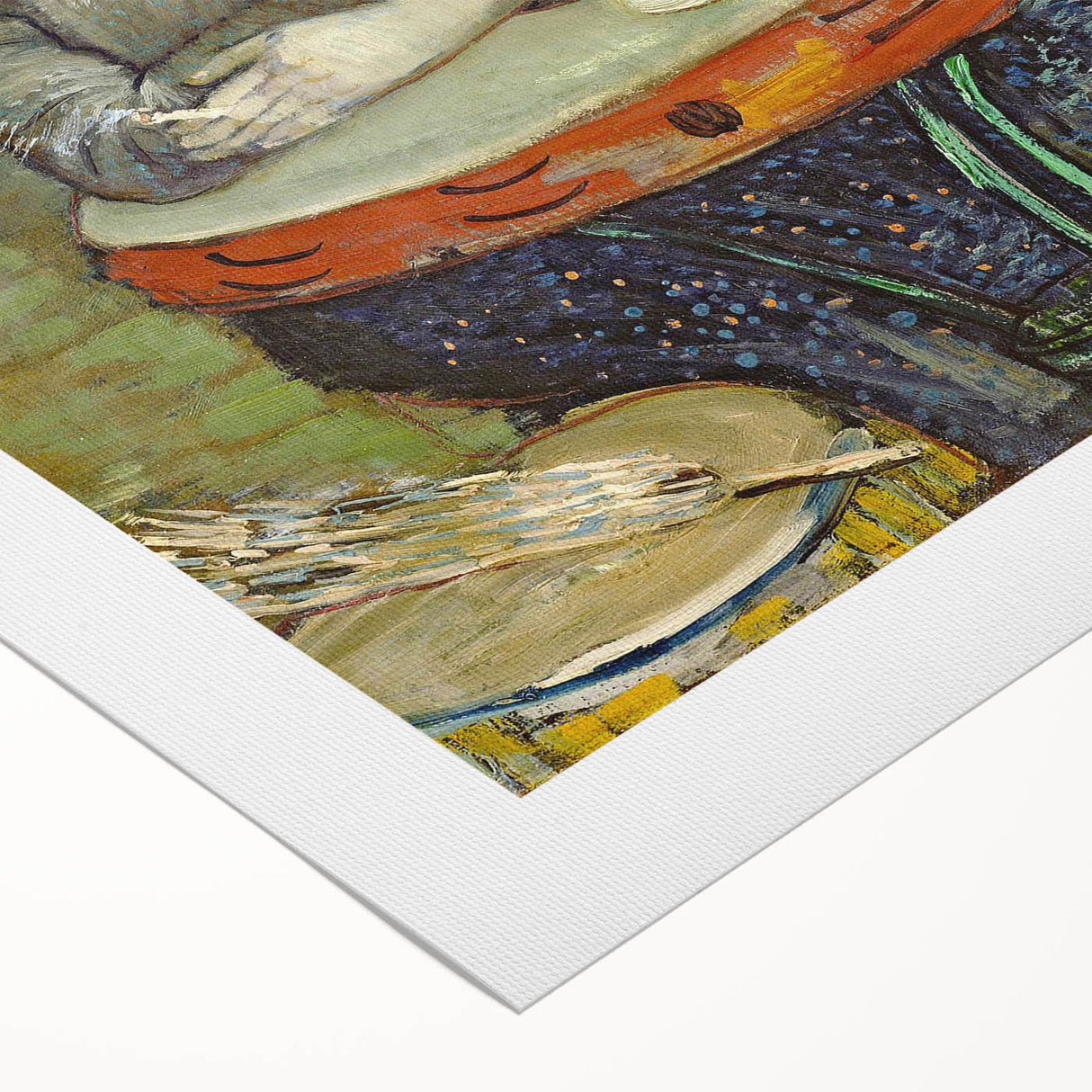 Art deco poster of a starry night scene in muted blue and yellow on rolled canvas, suitable for dining room decor.
