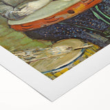 Art deco poster of a starry night scene in muted blue and yellow on rolled canvas, suitable for dining room decor.