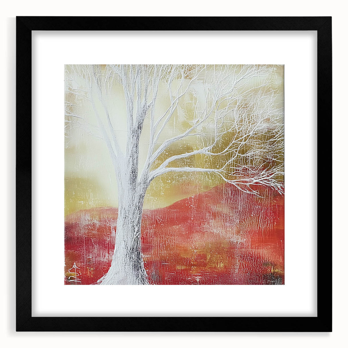 Abstract floral frame artwork with a black mat, showcasing vibrant colors and intricate details, perfect for modern home decor or gallery displays.