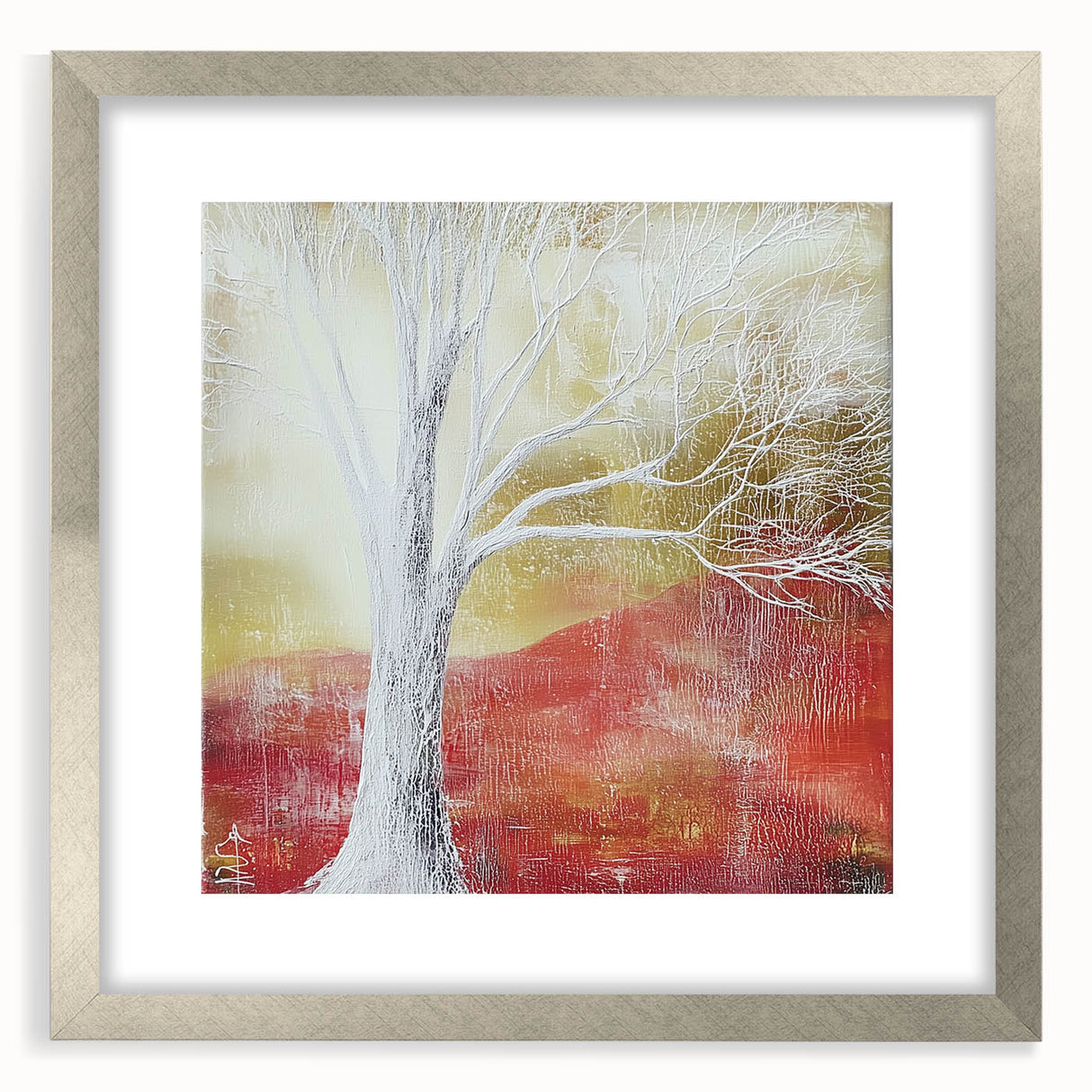 Abstract floral design framed in silver with a mat, showcasing intricate patterns and vibrant colors, perfect for enhancing modern interior decor.