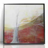 Framed acrylic artwork showcasing a vibrant abstract floral design with bold colors and intricate details, set against a sleek black frame, perfect for modern home decor.