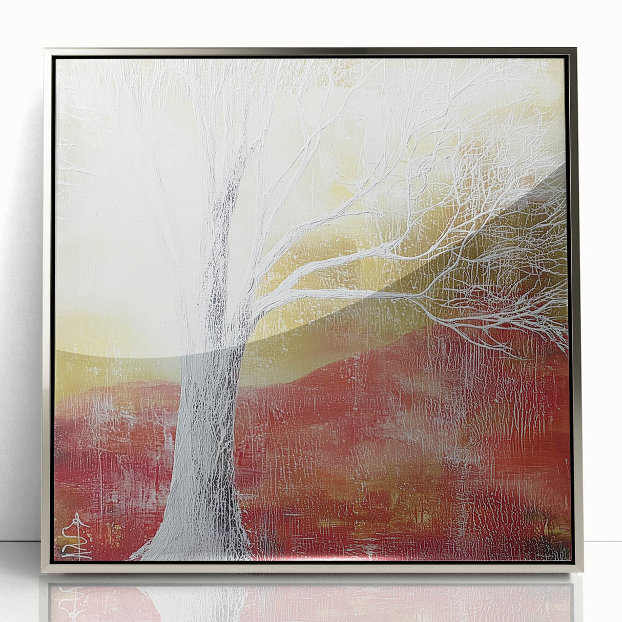 Framed acrylic artwork showcasing an abstract floral design in vibrant colors, set against a sleek silver frame, ideal for modern home decor.