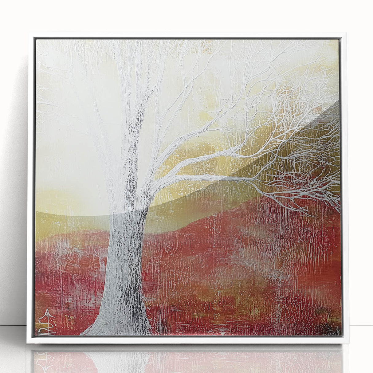 Framed acrylic artwork showcasing an abstract floral design in vibrant colors, set against a white background, ideal for modern home decor and enhancing interior spaces.