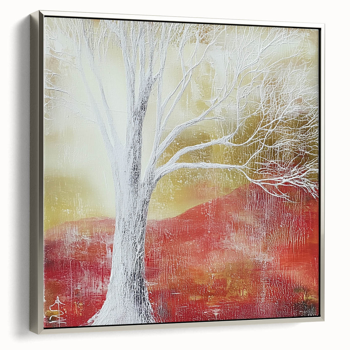 Framed canvas artwork showcasing an abstract floral design with vibrant colors and intricate details, presented in a sleek silver frame, perfect for modern decor.