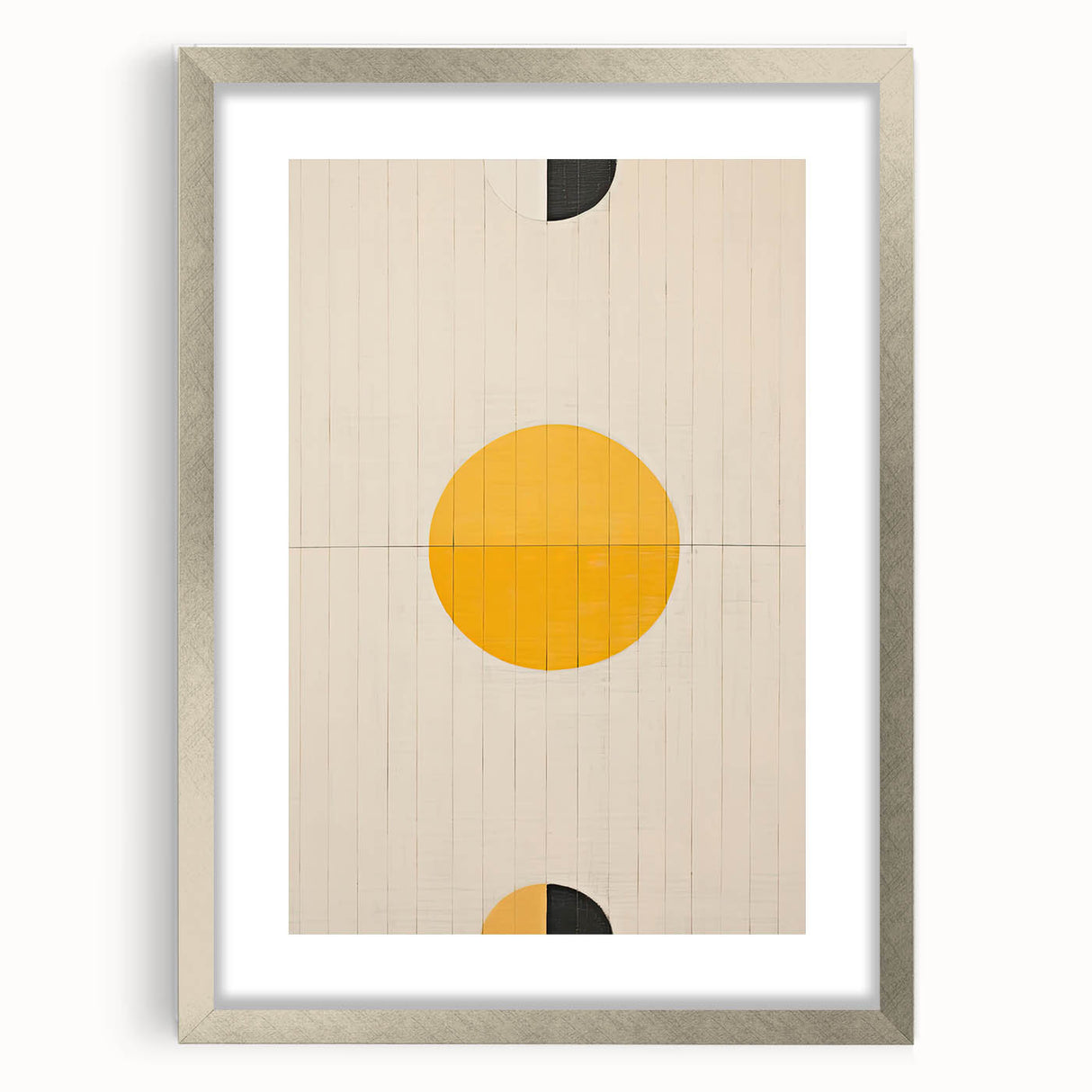 Abstract minimalist wall art framed in silver, showcasing a sleek design with a mat. Ideal for contemporary home decor, enhancing modern interiors with elegance.