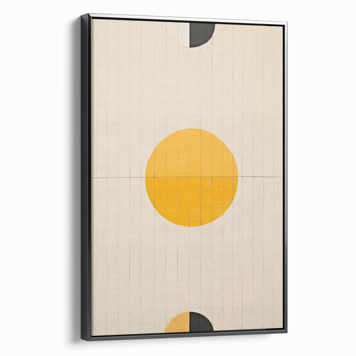 Framed minimalist abstract wall art showcasing a sleek black design, displayed from a side view, ideal for modern home decor and enhancing interior aesthetics.