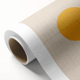 Abstract minimalist wall art on rolled canvas, showcasing soft pastel colors and geometric shapes, elegantly packaged in a protective cardboard tube.