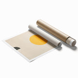 Abstract minimalist wall art print showcasing vibrant colors and geometric shapes, rolled and packaged in a protective cardboard tube for easy display and transport. Perfect for modern home decor.