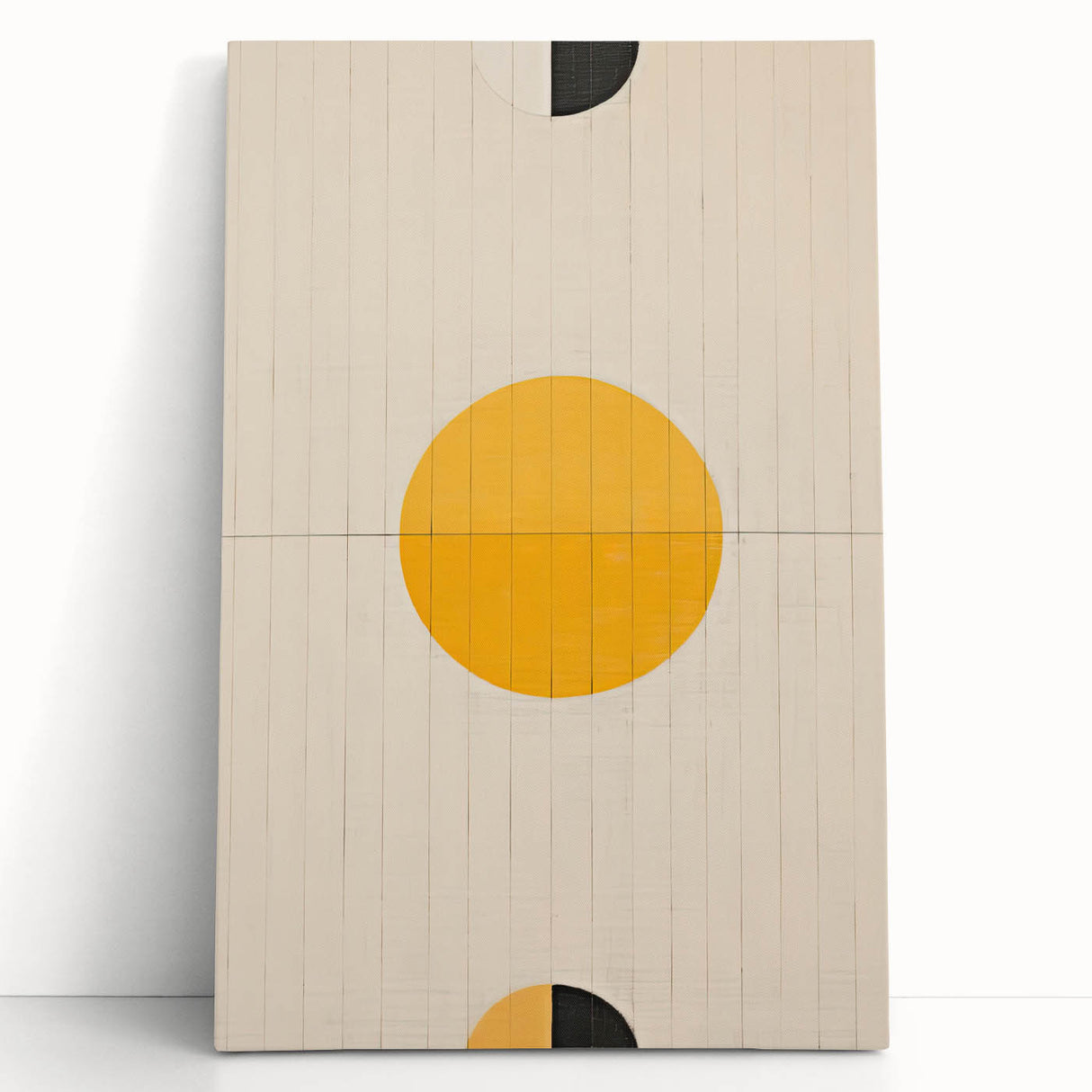 Abstract minimalist wall art on stretched canvas, featuring soft pastel colors and geometric shapes, leaning against a neutral wall, perfect for modern decor.