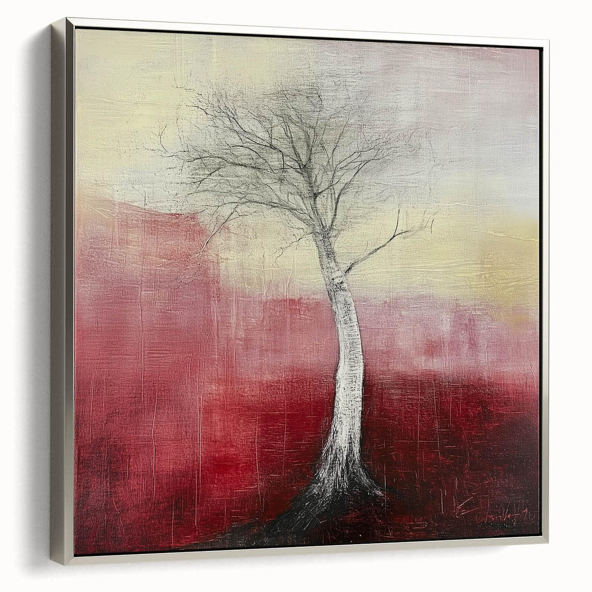 Framed canvas art displaying an abstract floral design with vibrant colors, set in a sleek silver frame, perfect for modern home decor accents.