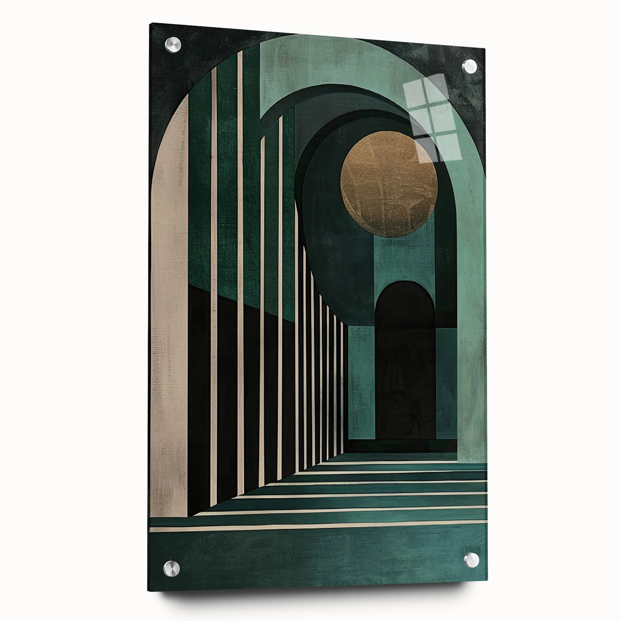 Abstract minimalist wall art design displayed in a side view, showcasing vibrant colors and smooth acrylic glass surface, held by decorative pins. Ideal for modern home decor.