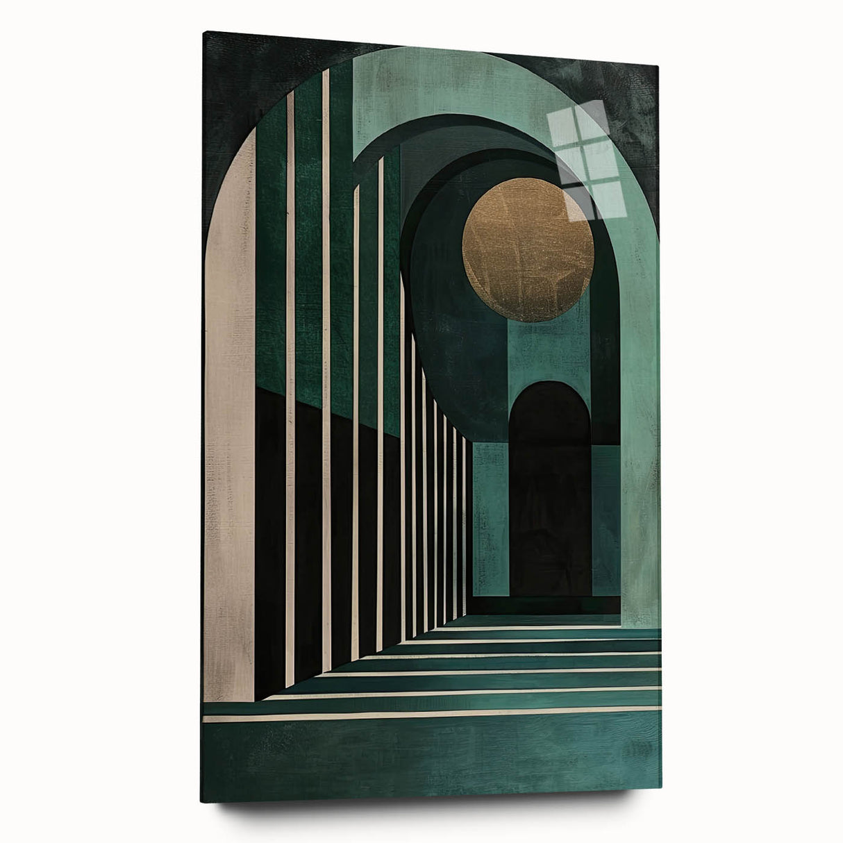 Abstract minimalist wall art design displayed in a side view, showcasing vibrant colors and smooth acrylic glass finish, emphasizing modern aesthetics. Perfect for contemporary decor.