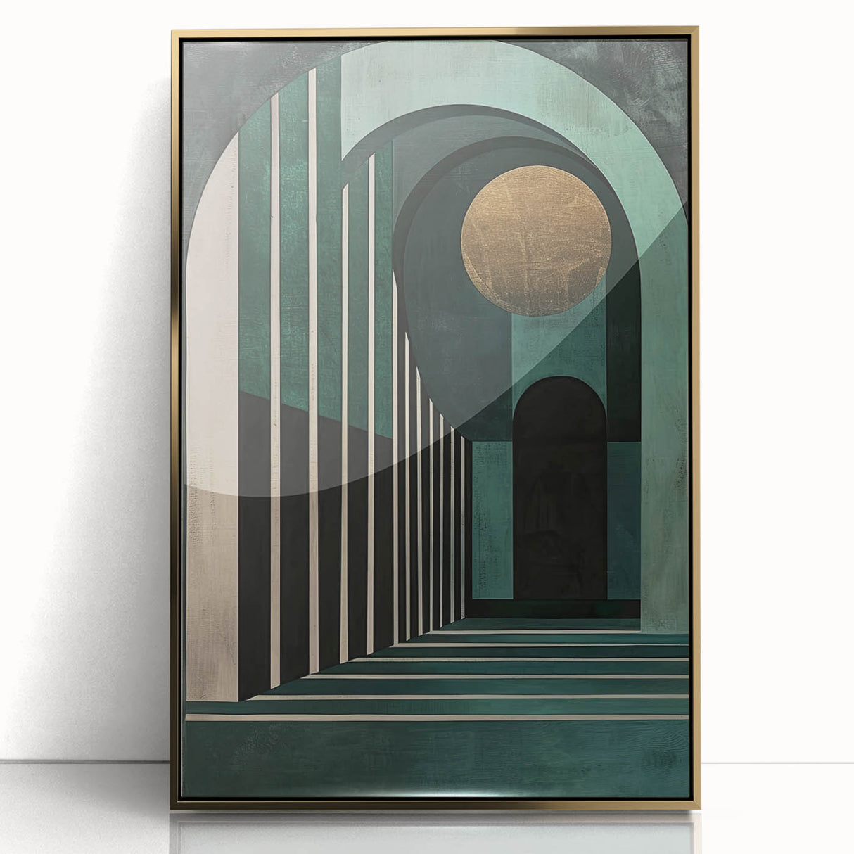 Framed abstract minimalist wall art featuring gold accents, displayed in a sleek acrylic frame, perfect for modern home decor and enhancing interior aesthetics.