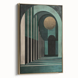 Framed abstract minimalist wall art featuring a gold color palette, displayed at a side angle against a neutral backdrop, ideal for modern decor.