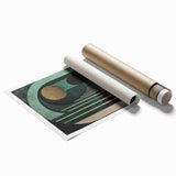 Abstract minimalist wall art print featuring soft pastel colors and geometric shapes, elegantly rolled and ready for display, offering a modern touch to home decor.