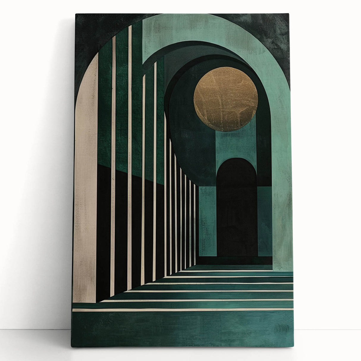 Abstract minimalist wall art on stretched canvas, showcasing soft pastel colors and geometric shapes, leaning against a light-colored wall for an elegant decor accent.