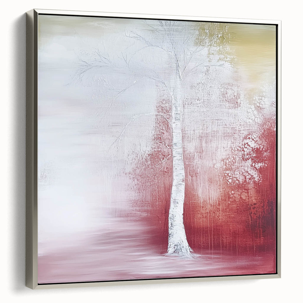 Framed canvas artwork showcasing abstract floral designs in vibrant colors, featuring a sleek silver frame from a side view perspective, perfect for modern home decor.