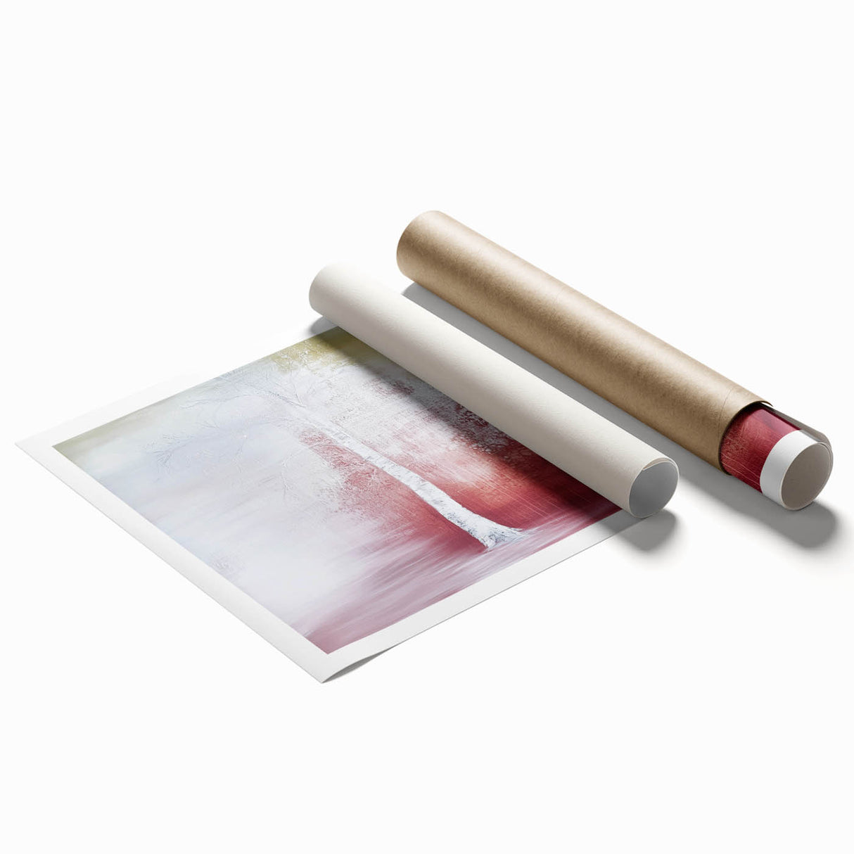 Abstract floral rolled print showcasing vibrant colors of pink, blue, and green, designed for modern home decor; beautifully packaged in a protective tube.