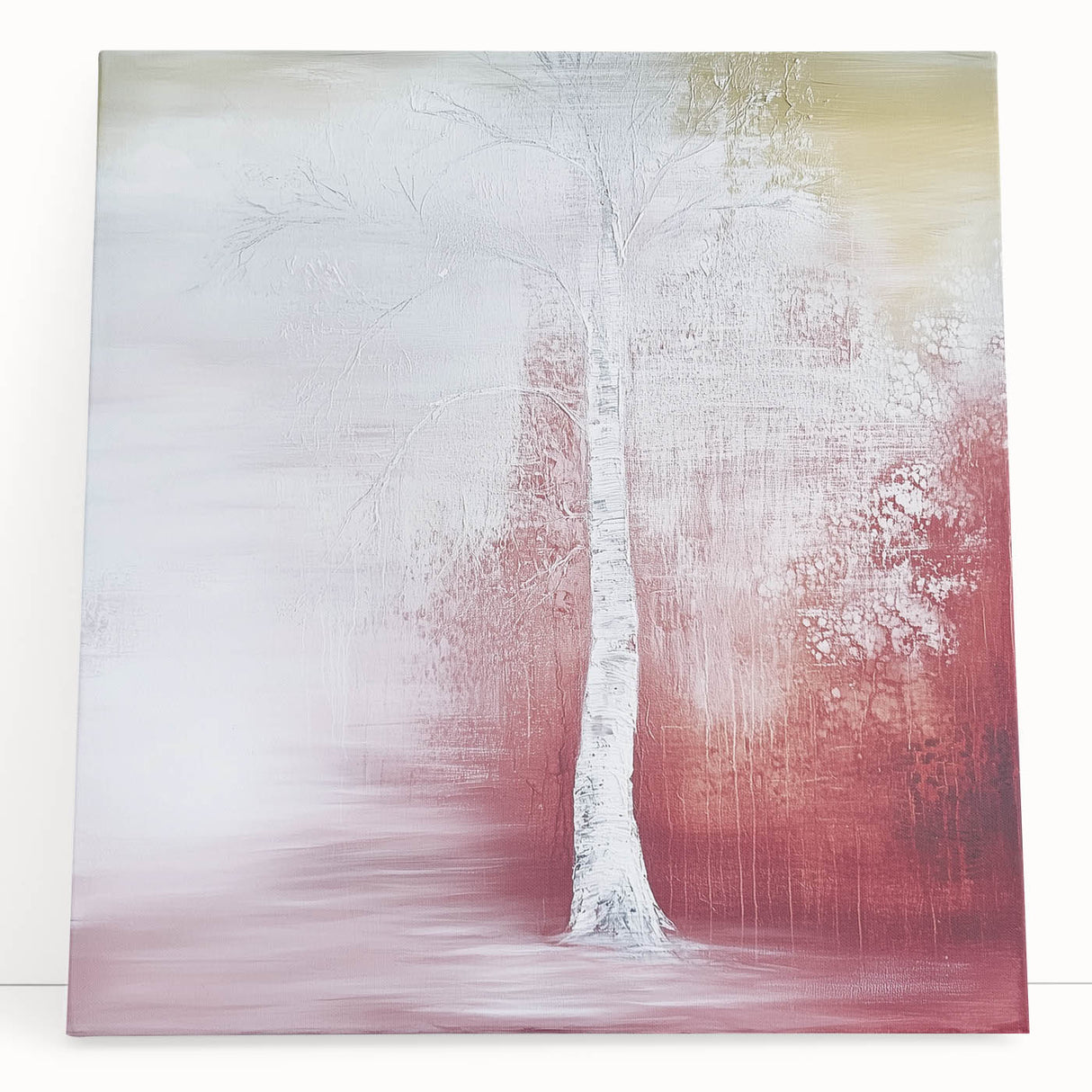 Abstract floral canvas print featuring vibrant colors and intricate patterns, elegantly leaning against a wall, perfect for modern home decor and artistic expression.