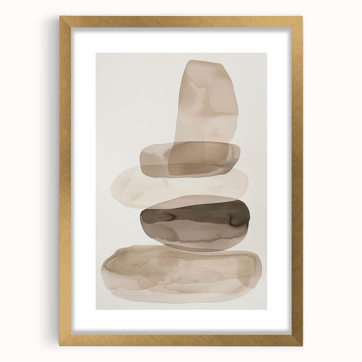 Abstract minimalist wall art framed in gold with a mat, showcasing a geometric design in soft beige and white tones, perfect for modern home decor.