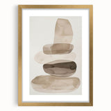 Abstract minimalist wall art framed in gold with a mat, showcasing a geometric design in soft beige and white tones, perfect for modern home decor.