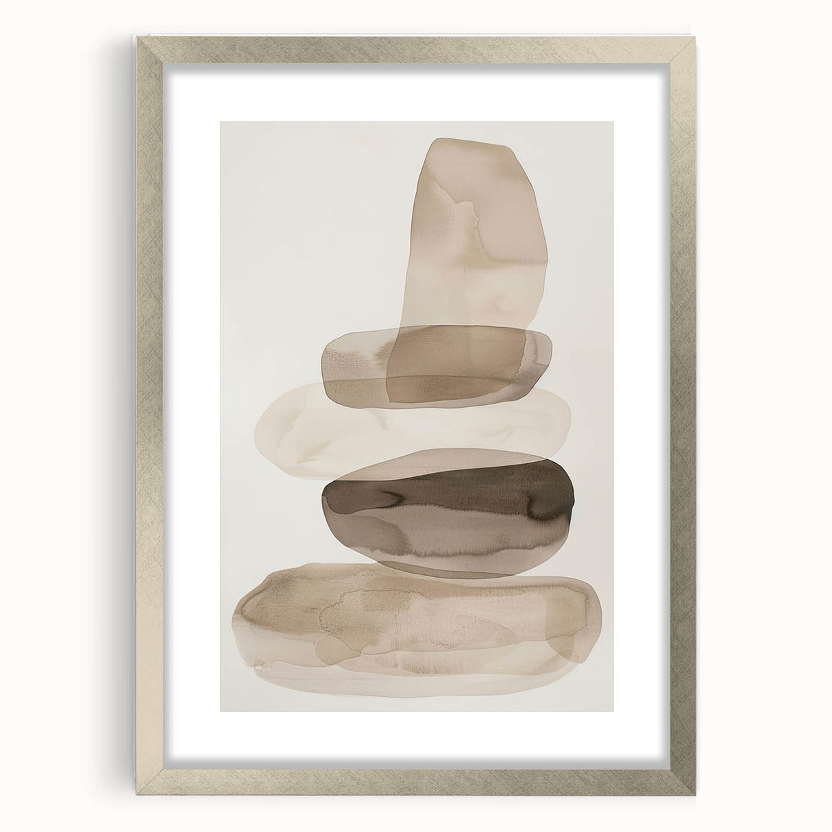 Abstract minimalist wall art framed in silver with a white mat, showcasing geometric shapes and soft color gradients, ideal for modern home decor.
