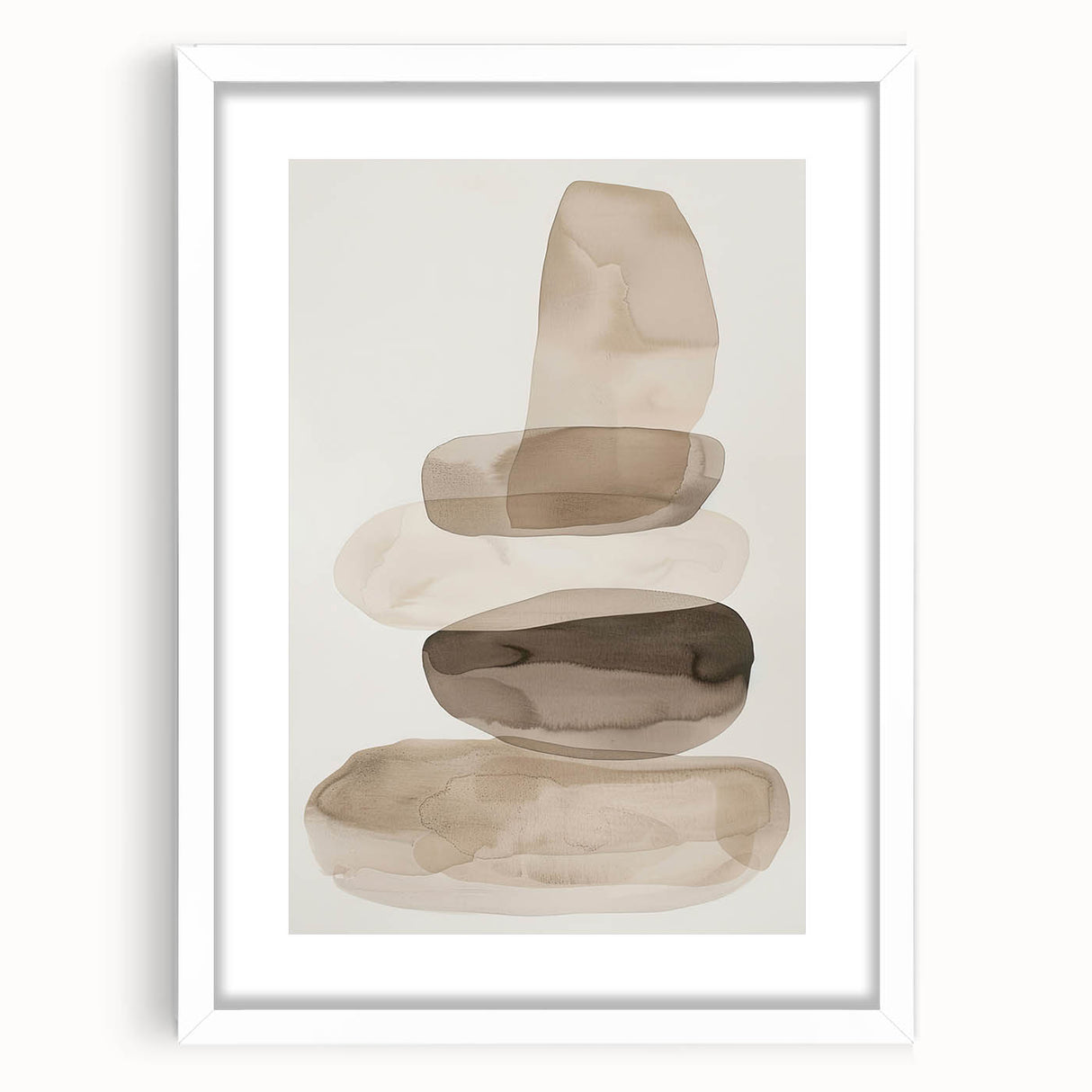 Abstract minimalist wall art framed in white, showcasing geometric shapes and soft colors, perfect for modern home decor and enhancing interior aesthetics.