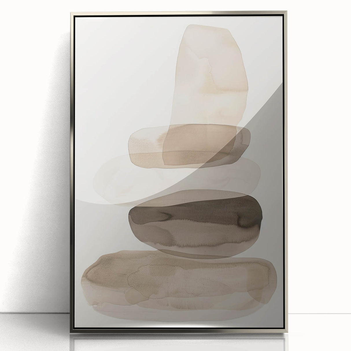 Framed minimalist abstract wall art in silver acrylic, showcasing geometric shapes and a sleek design, perfect for modern home decor and art enthusiasts.