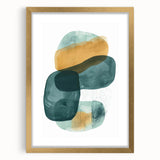 Abstract minimalist wall art framed in gold, showcasing a sleek design with a mat. Perfect for modern home decor, adding elegance to any room setting.