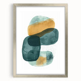 Abstract minimalist wall art framed in silver, showcasing soft pastel colors and geometric shapes, ideal for modern home décor. Perfect for adding elegance to any space.