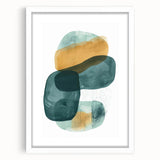 Abstract minimalist wall art framed in white, showcasing geometric shapes and soft pastel colors, perfect for modern home decor. Ideal for adding elegance to living spaces.