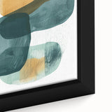 Close-up of a framed abstract minimalist wall art canvas featuring soft pastel colors and geometric shapes, ideal for contemporary home decor.