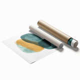 Abstract minimalist wall art print showcasing soft pastel colors and geometric shapes, rolled and ready for framing, ideal for modern home decor.