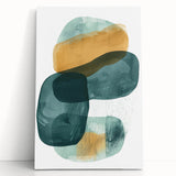 Abstract minimalist wall art on stretched canvas, showcasing soft pastel colors and geometric shapes, elegantly leaning against a neutral-toned wall, perfect for modern decor.