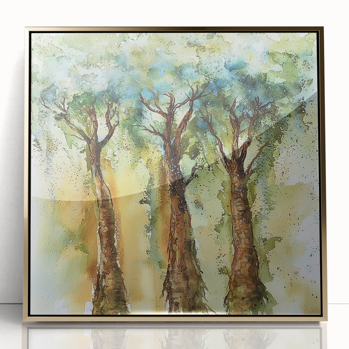 Framed abstract floral artwork in vibrant colors, featuring gold accents and a modern design. Ideal for adding elegance to contemporary home decor.